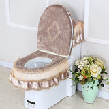 Yeknu 3PCS Velvet Skirt Style Toilet Mat Embroidered Lace Decorated Toilet Seat Mat Printed Dust Cover of Toilet Closestool