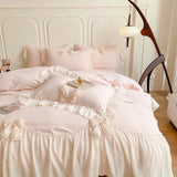 Yeknu  Korean Princess Style Bedding Set Girl Heart Solid Color Double Bed Sheets Washed Cotton Ruffled Bed Cover Sheet Quilt Set