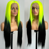 Yeknu  Black with Neon Green Roots Long Silky Straight Lace Front Synthetic Wig Middle Part Ombre Colored Wigs for Women Party Cosplay