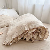 Yeknu INS Princess Ruffle Edge Gauze 100% Cotton Pillow Case Breathable Duvet Cover Without Filler 3PCS Floral Home Bedding Set
