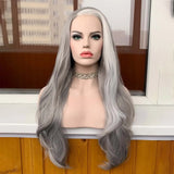 Yeknu  Highlight Natural Wave Long Wavy Synthetic Lace Front Wig Free Part Silver Grey with White Stripe Colored 13X4 Wigs for Women