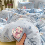 Yeknu  Ins Cute Blue Cat Bedding Sets New Soft Bed Sheet Set For Girls Washed Cotton Dormitory Quilt Set No Filling