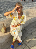 Yeknu  Print Dress Women V Neck Single Breasted Loose Half Sleeves Robe Female Casual Fashion Oversize High Waist Cotton Dresses Lady