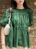 Yeknu  Summer Pullover T-Shirts Tops Women Loose Ruffle Pleated Fashion Ladies Cropped Blouses Casual Short Sleeve Korean Woman Tops