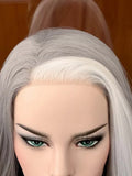 Yeknu  Highlight Natural Wave Long Wavy Synthetic Lace Front Wig Free Part Silver Grey with White Stripe Colored 13X4 Wigs for Women