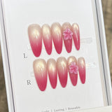 Yeknu  10pcs Handmade Long Almond Press on Nails Gradient French Cat Eye False Nails Pink Flower Design Fake Nails for Women Wearable