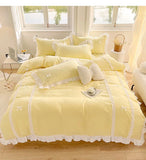 Yeknu Korean Princess Style Bedding Sets Ins Lace Bowknot Duvet Cover Fitted Sheet For Girl Woman Home Bedroom Kawaii Bed Linens