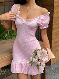 Yeknu  Sunnyshic Women's Fashion Polka Dot Print Ruffle Trim Bow Tie Dress Pink Polka Dot Dress Picnic Dress For Ladies Doll Dress For