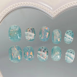 Yeknu  10PCS pure manual pressing short nail art, beautiful fake nails, fresh ocean light blue nail art, suitable for women to use