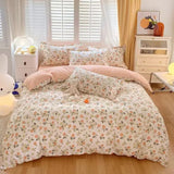 Yeknu  Cute Pink Strawberry Duvet Cover Flat Sheet Pillowcase Floral Bedding Set Girls Bed Linen Soft Thick Washed Cotton Bedclothes