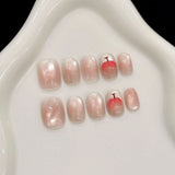 Yeknu  10pcs Handmade Short Press on Nails Sweet Cute Bow Decor Korean Fake Nail Tips Wearable Reusable Pink Cat Eye Design False Nails