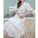 Yeknu  Jastie Spring Summer Vacation Beach Dress French Retro Embroidery Lace Maxi Dress Female V-neck Puff Sleeve Women Vestidos