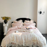 Yeknu  4Pcs Pink Romantic Lace Ruffles Princess Wedding Bedding Set 100% Cotton Duvet Cover Bed Sheet Or Quilted Bedspread Pillowcases
