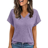 Yeknu  Women's Clothing Europe America All-match Knit T-shirt Summer New Casual Loose V-neck Short Sleeve Pullover Lady Solid Tops