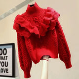 Yeknu  Knitted Autumn Pullover Sweater Women Turtleneck Ruffle Pleated Ladies Sweaters Top Long Sleeve Modis Korea Style Woman Top
