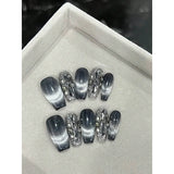 Yeknu  10pcs/Set Extra-Long Coffin Nails Gradient Black Cat Eye Rhinestone Detachable Press-On Manicure With Jelly Gel