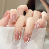 Yeknu 24Pcs Rainbow Color Glow Cat Eye Press on False Nails with Glue Glitter Short Square Nails Sweet Cool Gradient Summer Fake Nails