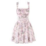 Yeknu  Jastie French Style Floral Print Sleeveless Mini Dresses Women Square Neck Low Waist A-line Slim Summer Dress Holiday Robe