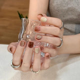 Yeknu  24Pcs Autumn Maillard Press on Nails Amber Smudge Nail Mirror Powder False Nails Short Square Nail French Tip Gradient Fake Nail