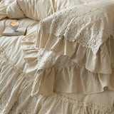 Yeknu  Romantic French Double Layer Lace Ruffles Bedding Set 20% Ramie, 80% Cotton Duvet Cover Set Quilted Bedspread Pillowcases 4Pcs