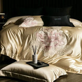 Yeknu High Precision Damask Egyptian Cotton Flowers Embroidery Luxury Bedding Set Duvet Cover Flat/Fitted Bed Sheet Pillowcasess 4Pcs