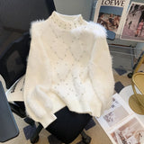 Yeknu  Women's White Mohair Pullover Sweater Vintage Harajuku Y2k Long Sleeves Cashmere Sweaters Aesthetic 2000s Fashion Clothes Autumn