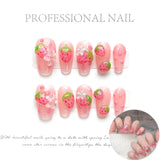 Yeknu Pink Strawberry Press on Nails Handmade Flower Fake Nails Gradient Color Medium Length Square False Nails for Women Girls