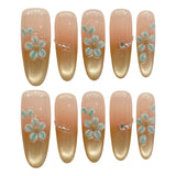 Yeknu  10pcs Fake Nails Pink Gold Cat Eyes Shiny Handmade Press On Nails Fashion 3D Flowers Decor False Nail Tips Wearable Full Cover