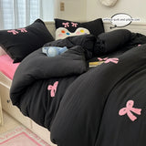 Yeknu  Pink bow Embroidered bedding set black duvet cover and 2pcs pillowcases (no padding), for bedroom