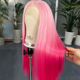 Yeknu  Long Pink Ombre Wig  Body Wave Synthetic Hair Middle Part 13X4 Curly Wavy Light Pink Highlight Gradient Colored Wigs for Women