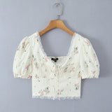 Yeknu  Summer Puff Sleeve French Floral Printed Shirts Elastic Back Sexy Crop Tops Slim Short Top
