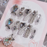 Yeknu  Glitter Fairy Rhinestone False nail Tips for Bride lady Wearable Sweet Crystal Design Press on Nails Mid Length Fake Nail Patch