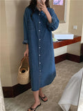 Yeknu  Spring Summer Women Casual Denim Shirt Dress Loose Long Sleeve Cardigan Dress Korea Ladies Womens Denim Shirt Long Dresses