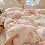 Yeknu  Floral Printed A-Class Ultra-Soft 100% Knitted Double Layer Yarn Bedding Set - 3/4 Pcs Student Dorm Fitted Sheet