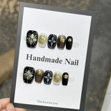 Yeknu  10pcs Maillard Press on Nails Maple Leaf False Nails Crystal Cat Eye Sparkling Nail Brown Handmade Wearable Coffin Fake Nails