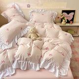 Yeknu  New Yunsoft Cotton Korean INS Age Reduction Lace Cartoon Four-Piece Set Quilt Cover Set Girls Bedding Set