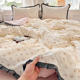 Yeknu  A-Class Wrinkled Yarn Lace Bedding Sets New Printing Skin-Friendly Cotton Soft Duvet Cover Kit Double Bed Summer Comforter Set