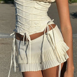 Yeknu  Vintage Tiered Pleated Micro Skirts Women Cute Ladies Fashion Mini Skirts Sexy Low Rise Side Tie-Up Short Skirts Y2k Streetwear