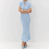Yeknu  Summer Elegant Bodycon Knitted Dress Women Modis Short Sleeve Slim Ladies Knit Dresses Sexy Hollow Out Woman Long Dress