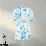Yeknu  Sexy Print Women Min Dress Urban Deep V-neck Short Puff Sleeve Cascading Ruffle Female Dresses Spring Summer Lady Robe