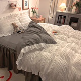Yeknu  Pink Ruffled Seersucker Duvet Cover Set 3/4pcs Soft Lightweight Down Alternative Grey Bedding  with Bed Skirt and Pillowcases