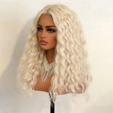 Yeknu  Platinum Blonde Deep Curly Wavy 13X4 Lace Front Wigs for Women Middle Part 60 Loose Curly Synthetic Hair Daily Party Cosplay