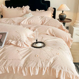 Yeknu  Chic Flowers Embroidery Ruffles Luxury Bedding Set 100% Cotton Duvet Cover Flat/Fitted Bed Sheet Pillowcases 4Pcs