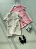 Summer Tweed Mini Dress Women Loose A-Line Elegant Fashion Korean Style Ladies Dresses Short Sleeve Woman Dress