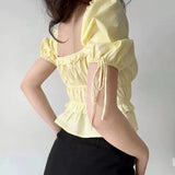Yeknu  Deeptown Elegant Sexy Butter Yellow Tops Women Coquette Sweet Crop Tops Korean Fashion Lace Summer Slim Up Short Sleeve Tees