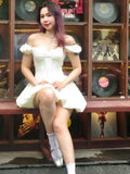 Yeknu  European And American Style Summer White Women's Mini Dress One Shoulder Heavy Lace Embroidery Waist Puffy Dress