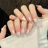 Yeknu  10Pcs French Oval False Nails 3D Handcarved Floral Design Handmade Press On Nails For Women Wearable Sweet Nude Pink Fake Nails