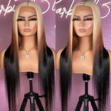Yeknu  Blonde with Brown Ombre Wig Synthetic Lace Front Wig Long Straight Body Wave 13x4 Frontal Gradient Colored Wigs for Women