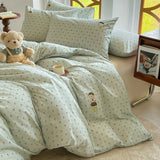 Yeknu  Soft washable four-piece set embroidered cartoon cute quilt cover sleeping naked student dormitory three-piece set