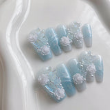 Yeknu  10 pieces of handmade coffin shaped nails, beautiful fake nails, light blue gradient nail art, three-dimensional white flowers,